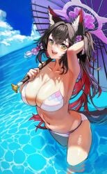 1girls animal_ears armpits bikini blonde_hair blue_archive breasts cleavage collarbone female highres holding holding_umbrella large_breasts looking_at_viewer navel ocean open_mouth solo stomach suki_byun swimsuit umbrella wading wakamo_(blue_archive) wakamo_(swimsuit)_(blue_archive) water