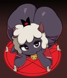 anthro ass bedroom_eyes bottomless candles color cult_of_the_lamb huge_ass jutsapostion lamb_(cult_of_the_lamb) laying_down looking_at_viewer pentagram seductive solo summoning_circle