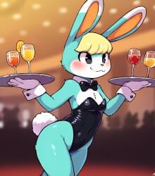 ai_generated alcohol animal_crossing anthro bow_tie bowtie bunny_tail bunnysuit casino diplive7 furry gambling happy male sasha_(animal_crossing) servant server service serving serving_drink serving_food serving_tray tagme