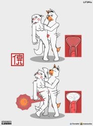 absurd_res alvidz anthro balls bodily_fluids breasts canid canine cum digital_drawing_(artwork) digital_media_(artwork) duo english_text erection female female_penetrated fucked_silly fur genital_fluids genitals hi_res impregnation male male/female male_penetrating male_penetrating_female mammal nipples nude on_one_leg ovum penetration penis portrait sex signature simple_background smile sperm_cell standing tail text vaginal_penetration