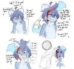 ahoge anthro apology arms_tied begging begging_for_mercy begging_to_stop blood blood_on_face blue_body blue_fur bodily_fluids bound crying dialogue disembodied_hand felid forced fur gore hair half-length_portrait identity_death kemono lobotomy male mammal medical_instrument obscured_face pantherine pink_eyes portrait pulling_hair scientific_instrument scolding sequence shaded shen_(snepause) simple_background simple_shading snepause snow_leopard solo speech_bubble surgical_instrument surgical_operation tears touching_hair wound_on_face wounded