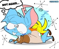 2024 anthro anthro_only ass beak blue_body blue_freckles blue_fur bottomwear clothed clothing digital_media_(artwork) dinosaur duo english_text eyelashes female footwear freckles fur hi_res house_mouse jacket jdone male mammal mia_mouse mouse murid murine populuxe prehistoric_species rayoshi_(jdone) reptile rodent scalie shoes simple_background size_difference skirt sleeping sleeping_on_another teeth text topwear whiskers
