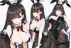 1girls animal_ears bare_shoulders black_hair black_hairband black_halo black_leotard blue_archive bow bowtie breasts cleavage detached_collar fake_animal_ears female hair_ornament hairband hairclip halo hand_on_own_hip highres holster large_breasts leaning_forward leotard looking_at_viewer multiple_views pantyhose parted_lips playboy_bunny rabbit_ears rabbit_tail red_bow red_bowtie red_eyes rio_(blue_archive) shigure_s simple_background tail thigh_holster white_background wrist_cuffs