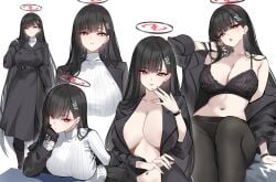 1girls absurdres areola_slip black_bra black_coat black_gloves black_hair black_pantyhose blue_archive blush bra breasts bright_pupils cleavage closed_mouth coat female gloves hair_ornament hairclip halo head_rest highres large_breasts long_hair long_sleeves looking_at_viewer multiple_views navel off_shoulder open_mouth pantyhose parted_lips red_eyes rio_(blue_archive) shigure_s simple_background smile standing sweater thighs turtleneck turtleneck_sweater underwear white_background white_pupils white_sweater