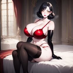 1girls ai_generated alcina_dimitrescu black_hair female hourglass_figure long_sleeves naughty_one red_bra red_panties seductive_look seductive_smile thigh_high_stockings yellow_eyes