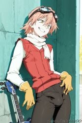 1boy ai_generated black_pants bulge femboy flcl genderswap_(ftm) glasses_on_head guitar haruko_haruhara male outdoors pink_hair red_vest rule_63 scarf smirk standing tagme tehmar trap yellow_eyes yellow_gloves