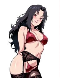 1girls ai_generated ambiguous_background arms_behind_back back_hair bangs big_breasts blush blush_lines bra breasts breasts_bigger_than_head cleavage facing_viewer female female_only front_view garter_belt garter_straps huge_breasts kurenai_yuhi large_breasts light-skinned_female light_skin lingerie looking_at_viewer mature mature_female midriff milf narugirlshot naruto naruto_(series) naruto_shippuden panties pinup plain_background red_bra red_eyes red_panties sagging_breasts shoulder_length_hair simple_background smile solo solo_focus stockings underwear underwear_only white_background