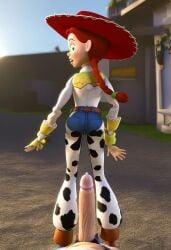 1girls accurate_art_style ai_generated braided_ponytail clothed cowboy_hat disney female from_behind jessie_(toy_story) looking_back penis pixar rear_view red_hair solo toy_story