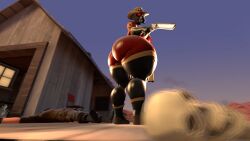 1girls ass ass_bigger_than_head axe bandana bbw big_ass big_breasts bottom_heavy branimation breasts cowboy_hat dead_body female female_focus female_only fempyro gasmask hourglass_figure latex_suit looking_at_viewer masked_female revolver skull solo_female team_fortress_2 wide_hips