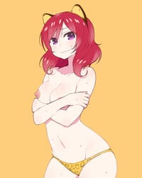 accidental_exposure animal_ears bikini blush breasts cat_ears chan_co cleavage crossed_arms embarrassed female leopard_print looking_at_viewer love_live! love_live!_school_idol_project nipples nishikino_maki nude_filter photoshop purple_eyes red_hair revision short_hair solo sweat swimsuit topless