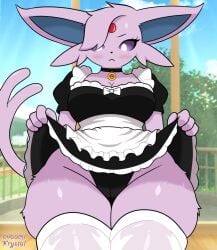 2025 anthro anthrofied blush breasts camel_toe cleavage clothed clothing clothing_lift collar digital_media_(artwork) dress dress_lift eeveelution espeon evaacii female fur generation_2_pokemon hi_res huge_thighs legwear maid_uniform nintendo panties pokemon pokemon_(species) pokemorph purple_body purple_fur purple_sclera small_waist solo tail thick_thighs thigh_highs underwear uniform white_eyes wide_hips
