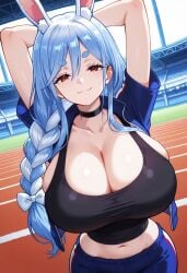 1girls 2025 ai_generated alternate_version_available arms_up big_breasts biggut black_top black_topwear blue_hair braid breasts bunny_ears bunny_girl chocker cleavage female hololive huge_breasts large_breasts mature mature_female milf pekomama solo top topwear virtual_youtuber