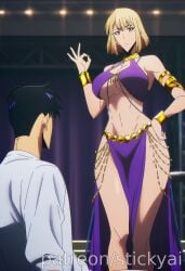 1girls ai_generated anime blonde_hair breasts breasts cha_hae_in eyes female fit medium_hair nsfw purple_eyes solo_leveling stickyai