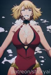 1girls ai_generated anime blonde_hair breasts breasts cha_hae_in eyes female fit medium_hair nsfw purple_eyes solo_leveling stickyai