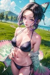 ai_generated bangs bare_shoulders bikini black_hair blush breasts cleavage collarbone cowboy_shot day female hair_ornament kochou_shinobu medium_breasts multicolored_hair navel off_shoulder outdoors parted_bangs purple_eyes purple_hair short_hair side-tie_bikini smile solo swimsuit two-tone_hair water