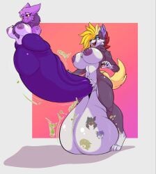 anthro anthro_on_anthro ball_tattoo balls big_breasts big_penis bite biting_lip blush breasts canid canine canis chancellor_bayn chest_tuft cock_vore duo felid feline female fluffy fluffy_chest foxynoms fur fur_tuft genital_tattoo genitals green_hair group hair herm hi_res huge_cock humanoid humanoid_genitalia humanoid_penis hyper hyper_genitalia hyper_penis intersex intersex/female intersex_(lore) lanmew_snowpaw leopard_spots looking_pleasured mammal multicolored_hair pantherine penetration penile penis purple_body purple_fur sara(saraspacekitty) sheila(blondie709) simple_background snow_leopard spots stephanie(blondie709) tattoo tuft urethral urethral_penetration vore vore_tattoo wolf