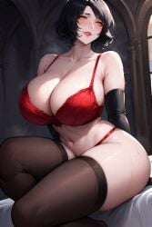 1girls ai_generated alcina_dimitrescu black_hair female hourglass_figure long_sleeves naughty_one red_bra red_panties seductive_look seductive_smile thigh_high_stockings yellow_eyes