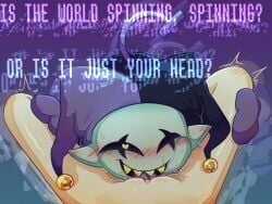 1boy 1girls bell blush clothed_male cunnilingus deltarune demon greedyghoul heart-shaped_pupils jester jester_hat jevil_(deltarune) nude_female pussy pussy_juice pussy_juice_on_face sharp_teeth size_difference tagme text tongue tongue_out