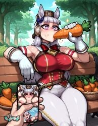 1girls ai_generated animal_ears armband armpits bangs bare_shoulders bench blunt_bangs blush bow breasts carrot cellphone day eating food gloves gold_ship_(umamusume) grey_hair holding holding_food holding_phone horse_ears horse_girl horse_tail large_breasts long_hair outdoors pants pengu997 phone pillbox_hat pov purple_eyes sexually_suggestive sitting sky sleeveless smartphone solo_focus thick_thighs thighs tree umamusume vegetable white_gloves white_pants