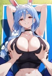 1boy 1girls 2025 ai_generated alternate_version_available big_breasts biggut black_top black_topwear blue_hair braid breasts breasts_grab breasts_squeeze breasts_squish bunny_ears bunny_girl chocker cleavage female grabbing_breasts hololive huge_breasts large_breasts male mature mature_female milf pekomama top topwear virtual_youtuber