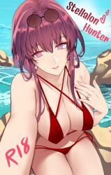1girls bare_legs bare_shoulders bikini breasts cleavage criss-cross_halter eyewear_on_head female halterneck highres honkai:_star_rail honkai_(series) jewelry kafka_(honkai:_star_rail) large_breasts long_hair looking_at_viewer ocean open_mouth parted_lips purple_eyes purple_hair ring rock shigure_s sitting smile solo swimsuit thighs water wet