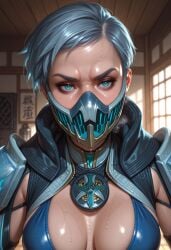 ai_generated bikini breasts cleavage close-up female frost_(mortal_kombat) frown mortal_kombat short_hair troythekid