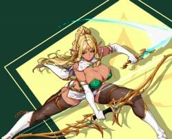 archer arkham-ts blonde_hair bow circlet dagger dark-skinned_female dark_skin elf elf_costume female ponytail thigh_highs thighhighs white_gloves