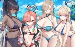 4girls ahoge alternate_costume asuna_(blue_archive) beach bikini black_bikini black_hair black_jacket black_sarong blonde_hair blue_archive blue_bikini blue_eyes blue_sky braid breasts cleaning_&_clearing_(blue_archive) cleavage cloud cloudy_sky collarbone dark-skinned_female dark_skin day earpiece female floral_print_sleeves hair_between_eyes hair_intakes hair_over_one_eye half_up_braid halterneck highres huge_breasts jacket karin_(blue_archive) large_breasts light-skinned_female light_brown_hair light_skin long_hair looking_at_viewer millennium_science_school_student mole mole_on_breast mole_under_eye multicolored_bikini multicolored_hair multicolored_jacket multiple_girls navel neru_(blue_archive) off_shoulder open_clothes open_jacket orange_hair outdoors ponytail red_bikini red_eyes revision sarong see-through_clothes see-through_shirt shigure_s shirt short_hair single_braid sky small_breasts stomach streaked_hair swimsuit thighs toki_(blue_archive) two-tone_bikini two-tone_jacket very_long_hair white_jacket yellow_eyes