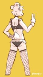 anthro bear black_bottomwear black_bra black_choker black_clothing black_jewelry black_necklace black_panties black_topwear black_underwear bottomwear bra choker clothed clothing crossdressing cuffs_(clothing) femboy fishnet_clothing frilly frilly_bra frilly_clothing frilly_topwear frilly_underwear fur gesture hand_gesture hi_res ineffective_clothing jewelry looking_at_viewer looking_back looking_back_at_viewer male mammal microskirt miniskirt monotone_body necklace panties panzery25 portrait rear_view simple_background skirt solo tail tail_tuft three-quarter_portrait topwear tuft underwear v_sign white_body white_fur yellow_background