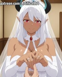 1boy 1girls ai_generated artifical_art beelzebub_(slime_taoshite_300_nen) big_breasts black_thighhighs breasts bride dark-skinned_female dark_skin devil_horns elf_ears female first_person_view horn horns legwear long_hair male pointy_ears pov red_eyes slime_taoshite_300_nen_shiranai_uchi_ni_level_max_ni_nattemashita white_hair