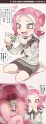 bigger_pred female giantess giantess_pred giantess_vore heart inkling inkling_girl japanese_text macro micro micro_prey octoling octoling_girl scared scared_expression size_difference smaller_prey soft_vore splatoon tongue vore