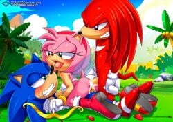 1girls 2boys ahe_gao amy_rose anthro anthro_female anthro_focus anthro_male anthro_on_anthro anthro_penetrated anthro_penetrating arrows background bbmbbf bra costume cum cum_in_ass cum_in_pussy cum_inside cumming cupid diamond_level echidna eyelashes eyes_half_open female headband hedgehog knuckles_the_echidna male mmf_threesome mobius_unleashed open_mouth palcomix palm_tree palmtree_panic panties pixiv rocks sega sky smirk smirking_at_another smirking_dom sonic_(series) sonic_cd sonic_the_hedgehog sonic_the_hedgehog_(series) tail threesome underwear