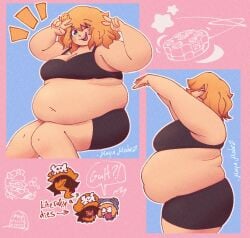 2girls arc_system_works bbw belly belly_button belly_focus belly_overhang big_belly big_breasts black_bra black_shorts blonde_hair bridget chubby chubby_female fat fat_girl guilty_gear guilty_gear_strive love_handles may_(guilty_gear) mayamodez overweight overweight_female tummy yuri
