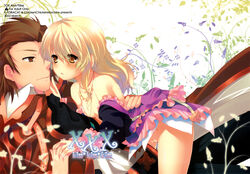 1boy 2012 alvin_(tales) blonde_hair blush breasts brown_eyes brown_hair character_name coat copyright_name couple cute dress elize_lutus female flat_chest frills hand_on_another's_cheek hand_on_another's_face jewelry long_hair male necklace nipples open_clothes purple_dress pussy small_breasts straight tales_of_(series) tales_of_xillia tanabe uncensored