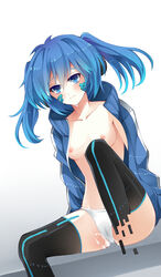 blue_eyes blue_hair blush breasts cum ene_(kagerou_project) female kagerou_project looking_at_viewer nipples open_clothes open_shirt panties shirt small_breasts solo tied_hair twintails