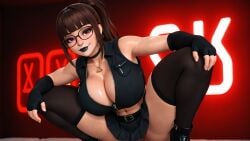 1girls 3d 3d_(artwork) abs ai ai_generated armwarmer armwarmers armwear belt big_breasts black_lips black_lipstick brown_hair brown_hair busty cleavage crop_top cropped_jacket glasses gloves goth goth_girl highres low-angle_view madz(oc) muscular_female perfect_body pleated_skirt preview radnsad red_eyes short_skirt skirt squat squatting sweat sweatdrop sweating sweaty sweaty_body thick_legs thick_thighs thighhighs viewed_from_below wallpaper