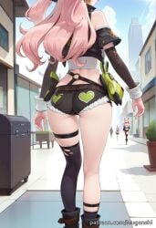 1girl ai_generated ass black_footwear black_jacket black_shorts boots city cropped_jacket doll from_behind fur-trimmed_shorts green_eyes mugenshi nicole_demara o-ring outdoors patreon_username pink_hair reward_available self_upload short_shorts single_thighhigh solo stuffed_animal thigh_strap zenless_zone_zero