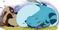 2014 anal anal_sex anus belly belly_expansion bloated blue_bandana blue_body blue_fur burp_cloud burping buttplug buttplug_in_ass buttplug_insertion cake candy chocolate chocolate_cake dagaishi dated dessert expansion fart fart_cloud food fur hyper hyper_burp hyper_fart mammal mephitid object_in_ass onomatopoeia penetration plug_(sex_toy) plug_insertion procyonid raccoon red_body red_fur riis sex_toy sex_toy_in_ass sex_toy_insertion signature simple_background skunk slob sound_effects text white_background