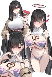 1girls absurdres bare_shoulders black_hair blue_archive box box_of_chocolates breasts bright_pupils chocolate chocolate_on_body chocolate_on_breasts closed_eyes commentary english_commentary female food_on_body hair_ornament hairclip halo heart heart-shaped_box heart_hands highres holding holding_box large_breasts long_sleeves looking_at_viewer multiple_views navel parted_lips red_eyes rio_(blue_archive) shigure_s simple_background stomach thighs valentine white_background white_pupils