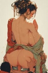 ai ai_generated ass bare bare_vagina big buddha_goddess busty chest inside_vagina male massive open_robe penis robe saggy sandals sex sideview sitting