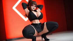 1girls 3d 3d_(artwork) abs ai ai_generated armwarmer armwarmers armwear belt big_breasts black_lips black_lipstick brown_hair brown_hair busty cleavage crop_top cropped_jacket glasses gloves goth goth_girl highres low-angle_view madz(oc) muscular_female perfect_body pleated_skirt preview radnsad red_eyes short_skirt skirt squat squatting sweat sweatdrop sweating sweaty sweaty_body thick_legs thick_thighs thighhighs viewed_from_below wallpaper