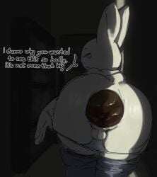 anthro anus ass balls bottomwear bottomwear_down closet clothed clothing crowning_feces english_text excessive_feces eyebrows feces fur genitals hi_res hyper hyper_feces lagomorph leporid long_ears looking_at_viewer looking_back looking_back_at_viewer male male_pooping mammal narrowed_eyes pants pants_down partially_clothed rabbit raised_eyebrows scat scatplay scut_tail short_tail solo tail talking_to_viewer text tiosqr underwear underwear_down white_body white_fur