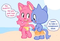 2025 anthro ass beach bikini biped black_eyes black_nipples black_nose blue_body bodily_fluids cheek_tuft clothed clothing cum cum_on_butt cumshot day dialogue domestic_cat duo ejaculation english_text eyebrows facial_tuft felid feline felis female genital_fluids genitals head_tuft hi_res looking_at_another looking_at_butt looking_back looking_back_at_another male male/female mammal masturbation nipples not_a_furfag open_mouth outside penile penile_masturbation penis pink_body pink_nose profanity public_masturbation sand speech_bubble swimming_trunks swimming_trunks_down swimwear teeth text tongue tuft two-piece_swimsuit whiskers