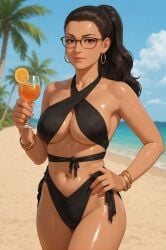 ai_generated bangle beach bikini black_hair criss-cross_halter earrings glasses milf ocean ponytail stable_diffusion swimsuit