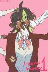 blush blush blush_lines brown_fur furry grabbing grabbing_arm grabbing_chin grabbing_hair grabbing_shirt green_eyes holding_chin hyena multiple_girls no_nude no_nudity pink_background school school_uniform schoolgirl simple_background simple_shading touching_face tugging tugging_clothing wolfeyxkat
