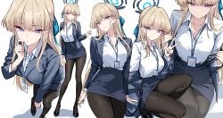 1girls black_pantyhose blazer blonde_hair blue_archive blue_eyes blue_halo blue_jacket blue_skirt braid breasts collared_shirt female halo high_heels highres id_card jacket lanyard long_hair looking_at_viewer medium_breasts multicolored_hair multiple_views office_lady pantyhose parted_lips pencil_skirt shigure_s shirt shirt_tucked_in simple_background skirt streaked_hair toki_(blue_archive) v very_long_hair white_background white_shirt