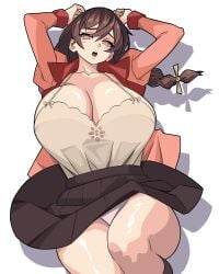 2025 2d 2d_(artwork) anime arms_behind_back arms_up big_breasts blush breasts brown_hair busty busty_female cleavage exposed_breasts exposed_nipples fanart female female female_focus female_only hanekawa_tsubasa huge_breasts illustration large_breasts long_hair looking_at_viewer monogatari_(series) nude nude_female nudity pink_eyes pink_shirt potatoartox school_uniform schoolgirl shirt simple_background skirt solo solo_female solo_focus stockings thick_legs thick_thighs thighhighs thighs