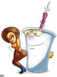 1boy 1girls adult_swim aqua_teen_hunger_force artist_request ass blush crossover female master_shake milkshake oddrich ren_and_stimpy sexually_suggestive strelka82 waffle_woman