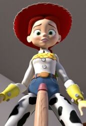 1girls accurate_art_style ai_generated braided_ponytail clothed cowboy_hat disney female from_below jessie_(toy_story) looking_down penis pixar red_hair solo toy_story