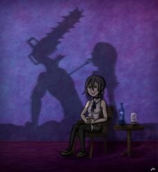 1boy 2girls arched_back chainsaw_man choker clothed clothed_female comedy cowgirl_position cuck_chair cuckold cuckquean denji_(chainsaw_man) female female_focus green_eyes hair_bun humor implied_sex lezfapnao lotus_position mitaka_asa netorare ntr offscreen_sex purple_hair reverse_netorare reze_(chainsaw_man) shadow smiling thigh_socks thighhighs tired tired_eyes upright_straddle voyeur voyeurism watching watching_sex